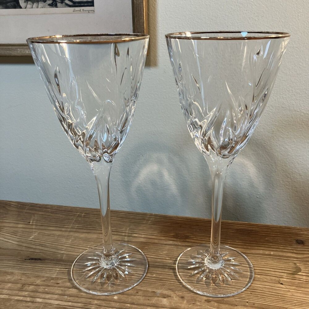 Set Of 2 Vintage Mikasa Gold Rim Dune Grass Pattern Crystal Wine Glasses 8.25”H